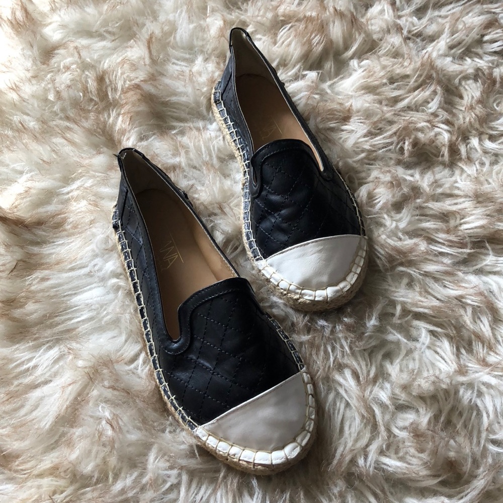 Black white faux patent vegan leather espadrilles
